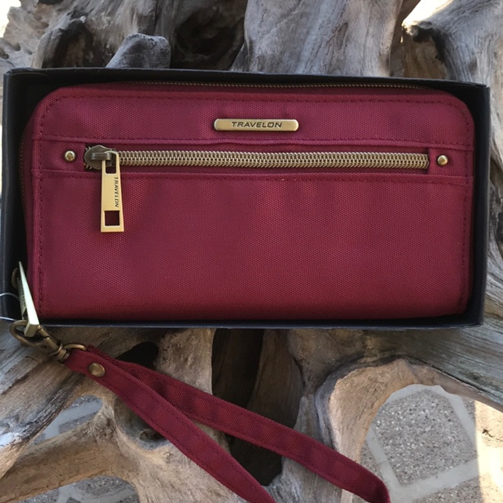 NWT Travelon Burgundy Nylon Zip Around Clutch with Strap RFID Blocking Wallet